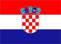 [ai] The flag of Croatia, featuring horizontal bands of red, white, and blue with a central coat of arms. The coat of arms has a checkerboard pattern in red and white, topped with a crowned shield showcasing five smaller shields.